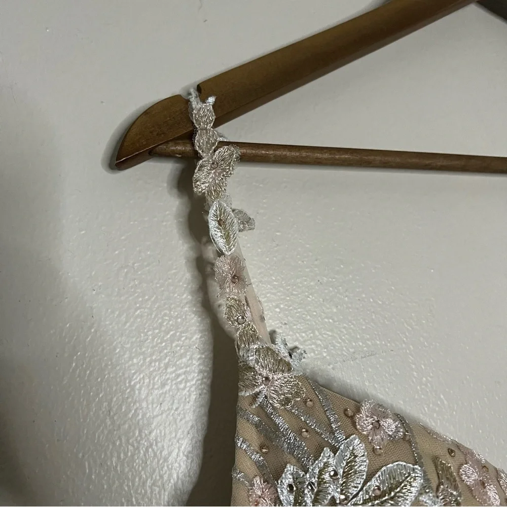 Mac Duggal Cream Floral Lace 12 Beige Embroidered Tulle Trumpet Gown Nude - Picture 9 of 13